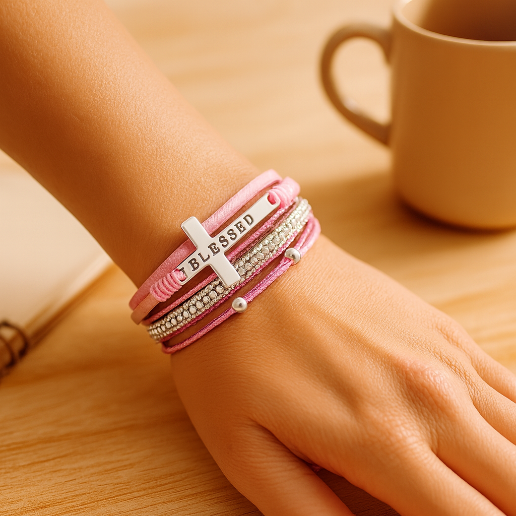 Lagdelt læderarmbånd til damer – ROSÉGULD med perler og krystal-accenter