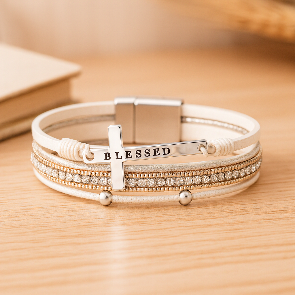 Lagdelt læderarmbånd til damer – ROSÉGULD med perler og krystal-accenter