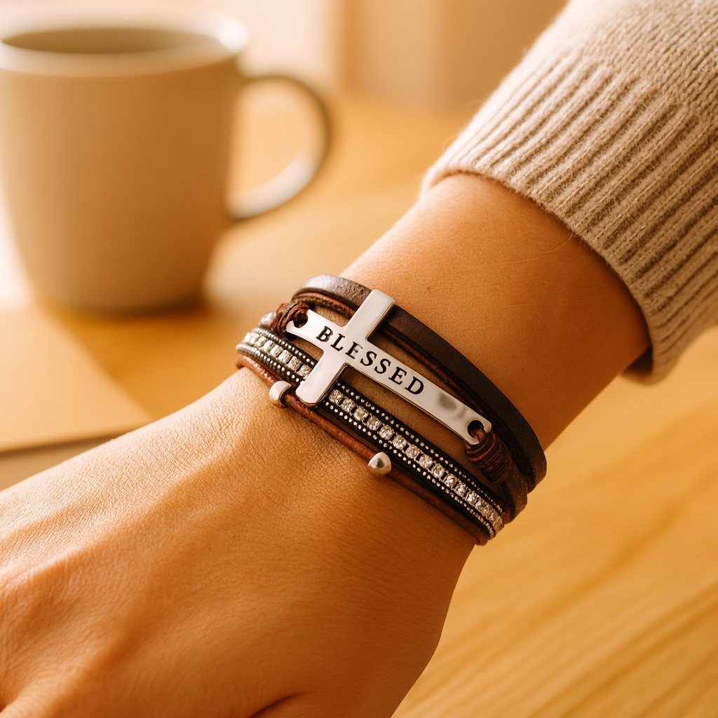 Lagdelt læderarmbånd til damer – ROSÉGULD med perler og krystal-accenter