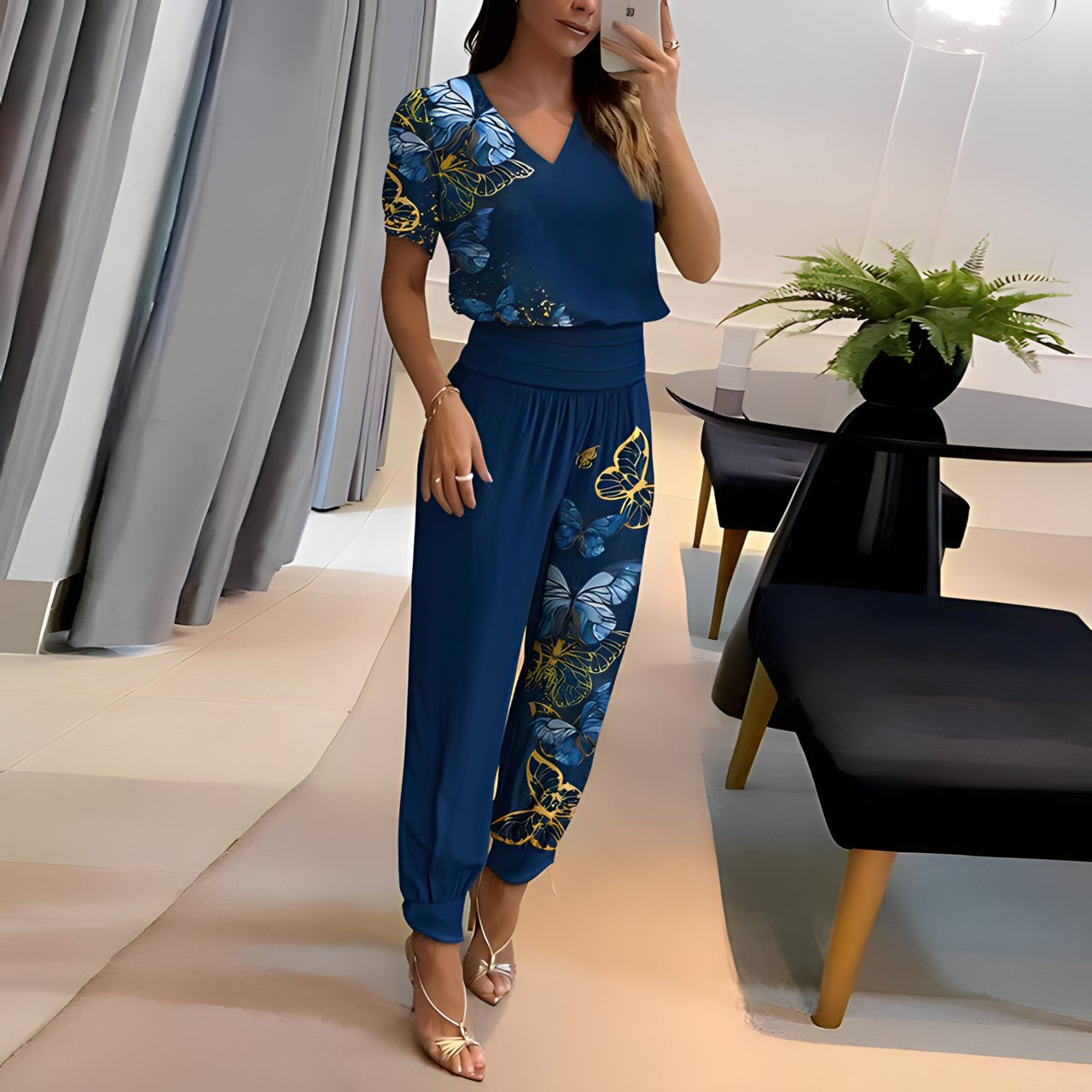 Samantha - Moderne bluse og bukser sæt med mave dækning