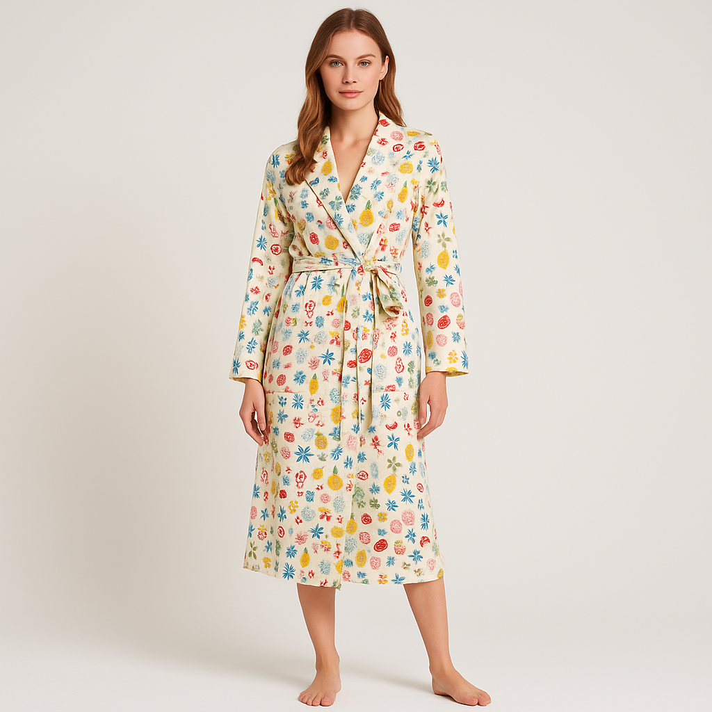 Hyggelig blomstret langærmet fleecekappe med bælte og lommer