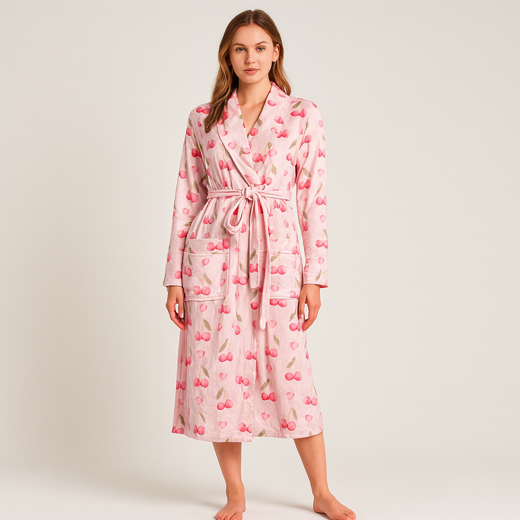 Hyggelig blomstret langærmet fleecekappe med bælte og lommer