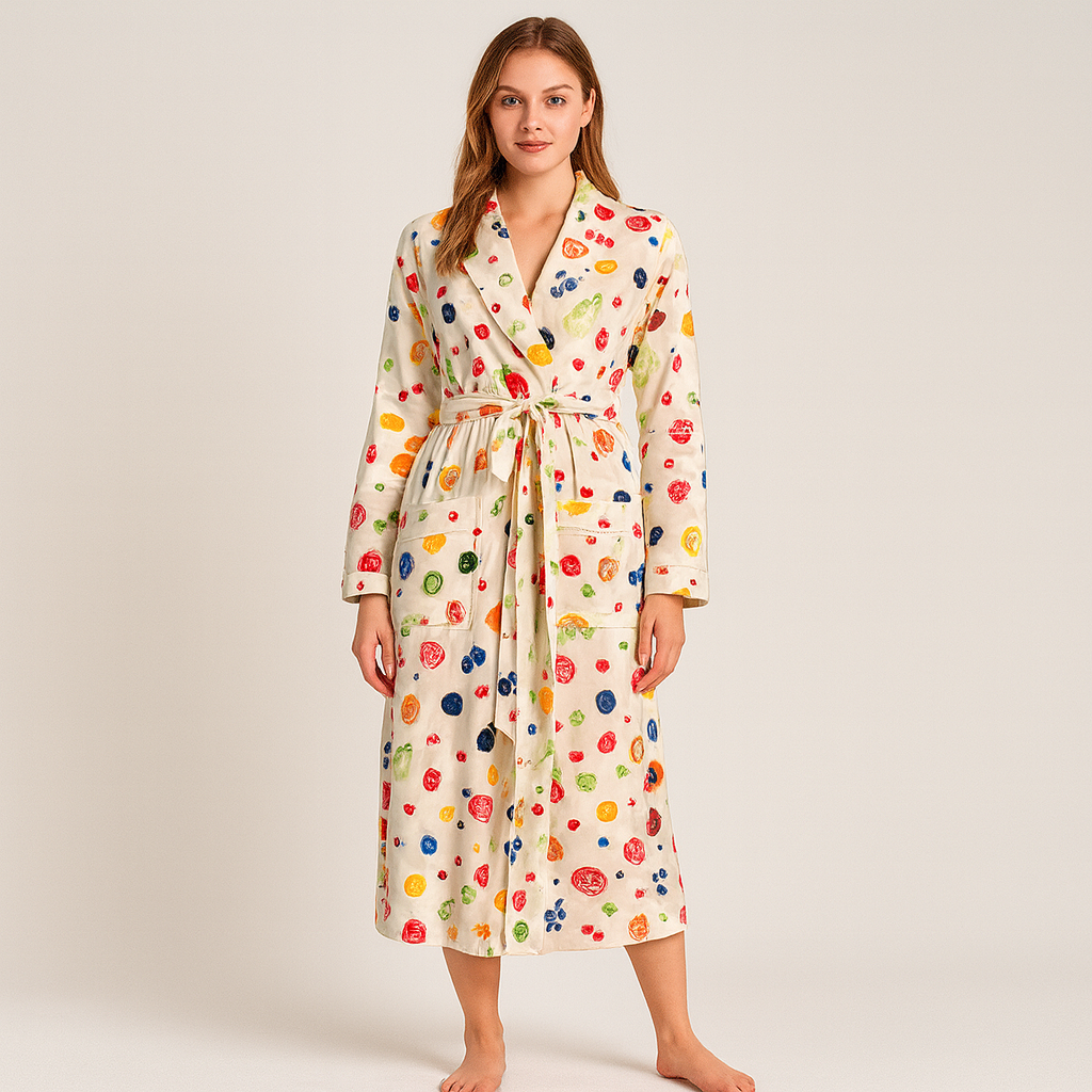 Hyggelig blomstret langærmet fleecekappe med bælte og lommer