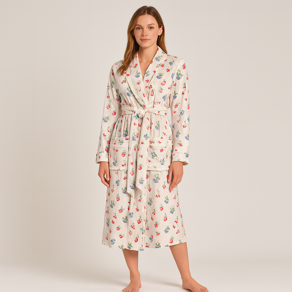 Hyggelig blomstret langærmet fleecekappe med bælte og lommer