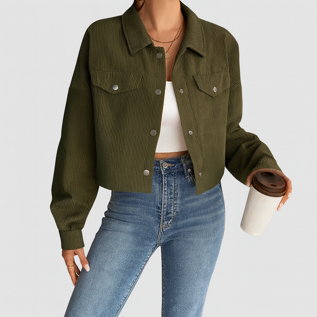 Emilia Langærmet Fløjlsjakke med Knapper og Lommer – Tidløs & Stilfuld