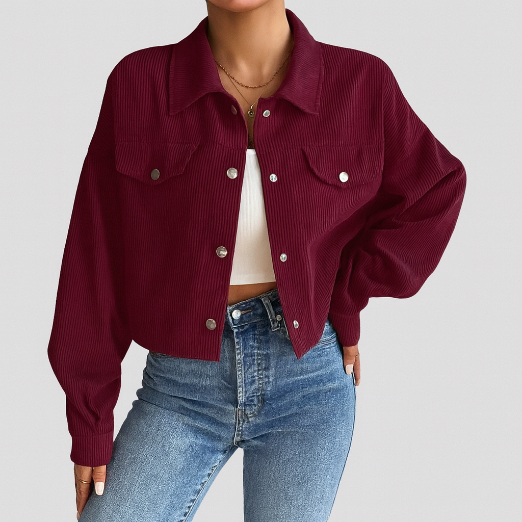 Emilia Langærmet Fløjlsjakke med Knapper og Lommer – Tidløs & Stilfuld