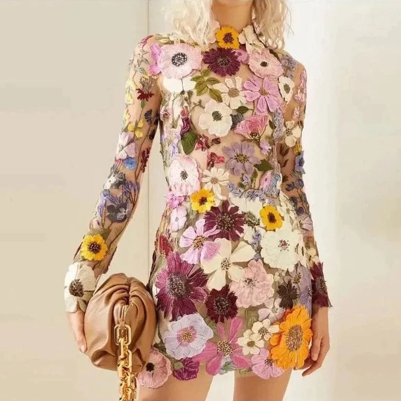 Florenda - Broderet blomstret gennemsigtig minikjole