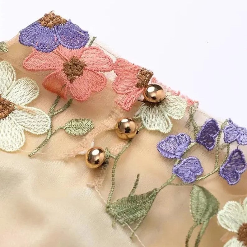 Florenda - Broderet blomstret gennemsigtig minikjole