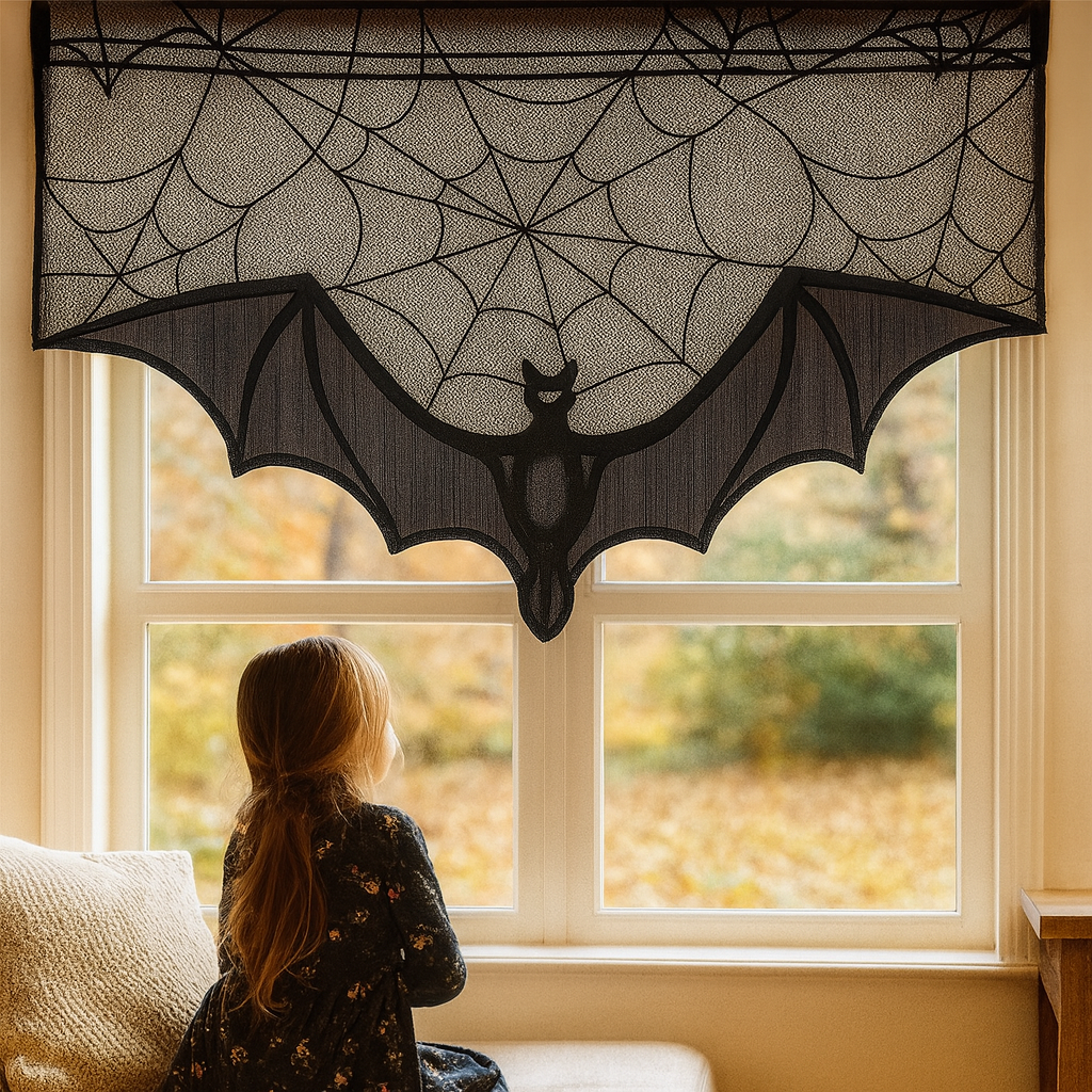 GothicLace Halloween blondebånd-dekoration – Sort overdække med flagermus og spindelvæv