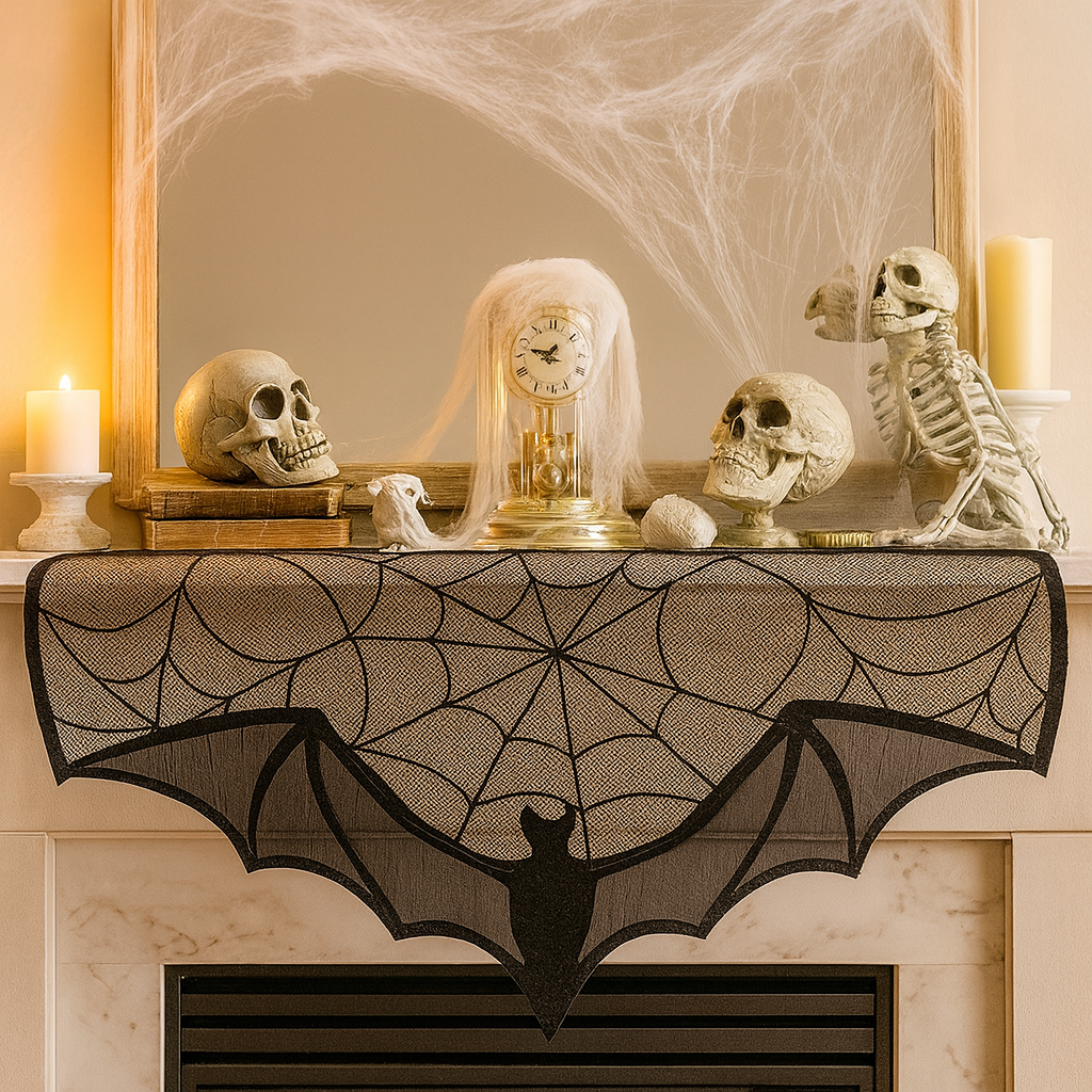 GothicLace Halloween blondebånd-dekoration – Sort overdække med flagermus og spindelvæv