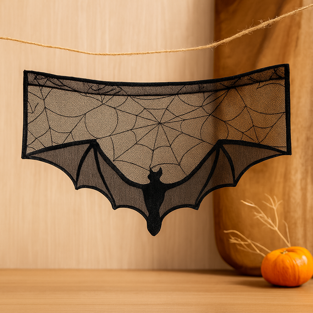 GothicLace Halloween blondebånd-dekoration – Sort overdække med flagermus og spindelvæv