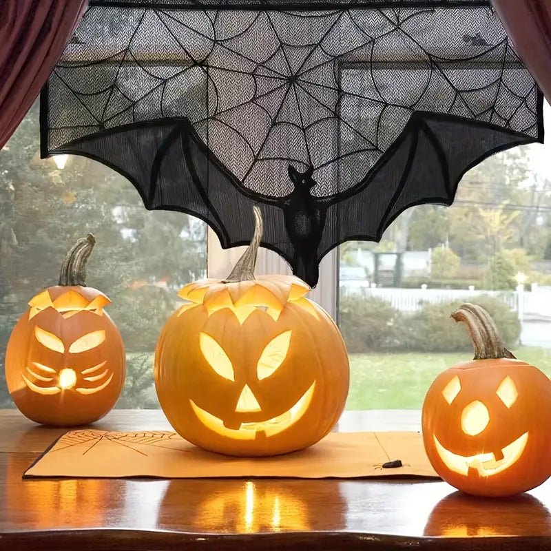 GothicLace Halloween blondebånd-dekoration – Sort overdække med flagermus og spindelvæv