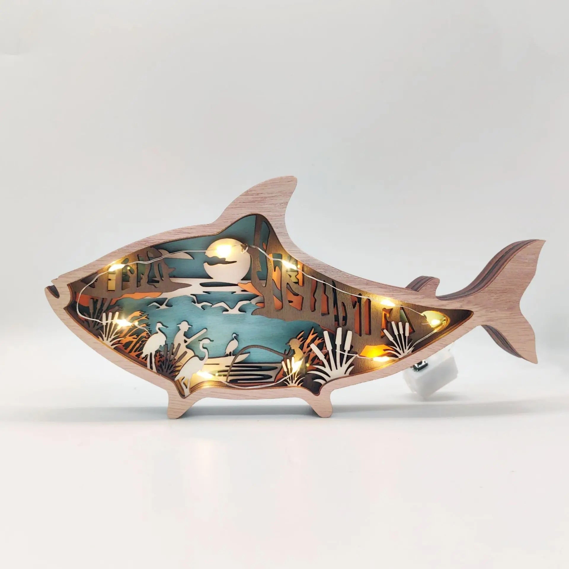 OceanGlow Oplyst Muslingeskal & Fiskedekoration – Havinspireret Kunst