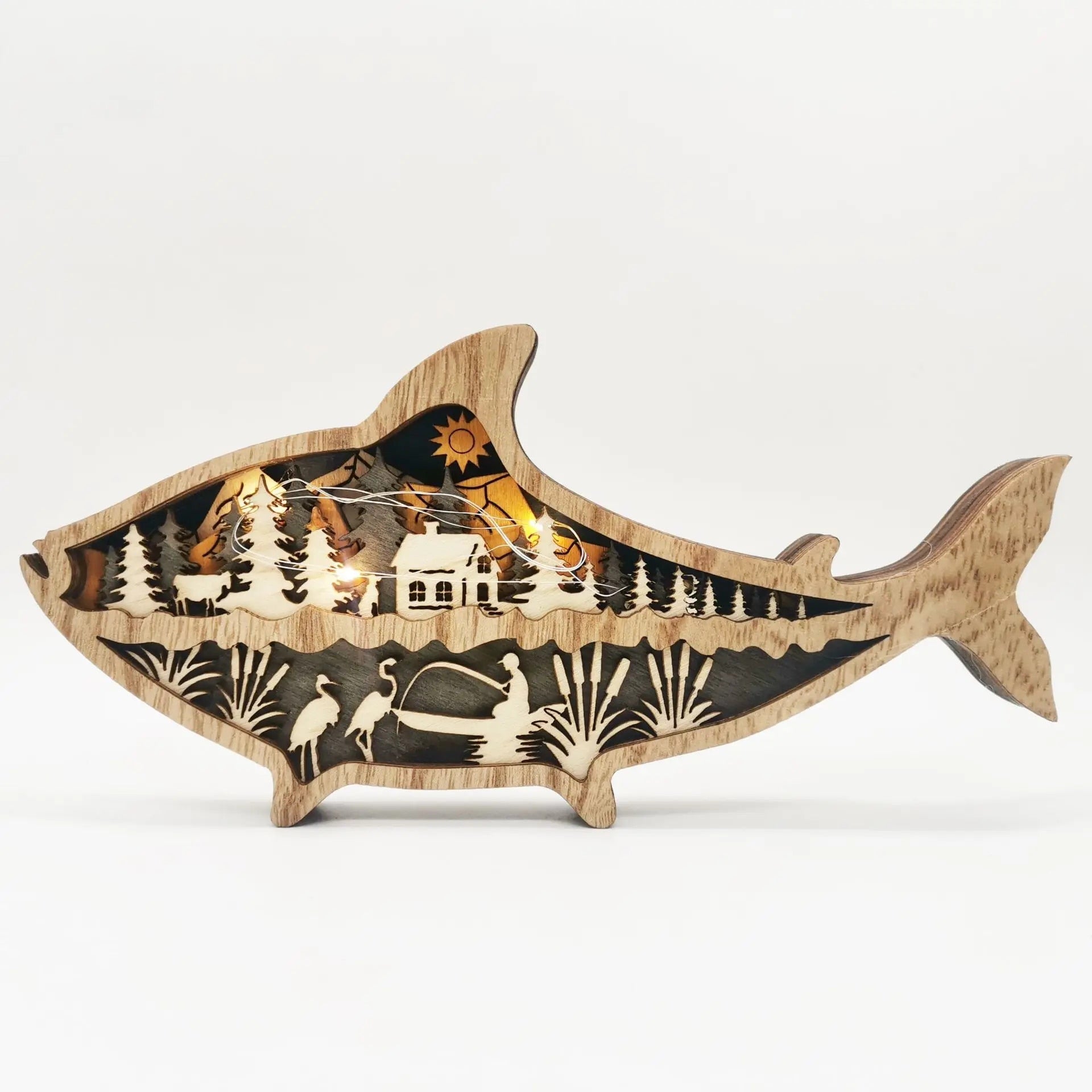 OceanGlow Oplyst Muslingeskal & Fiskedekoration – Havinspireret Kunst