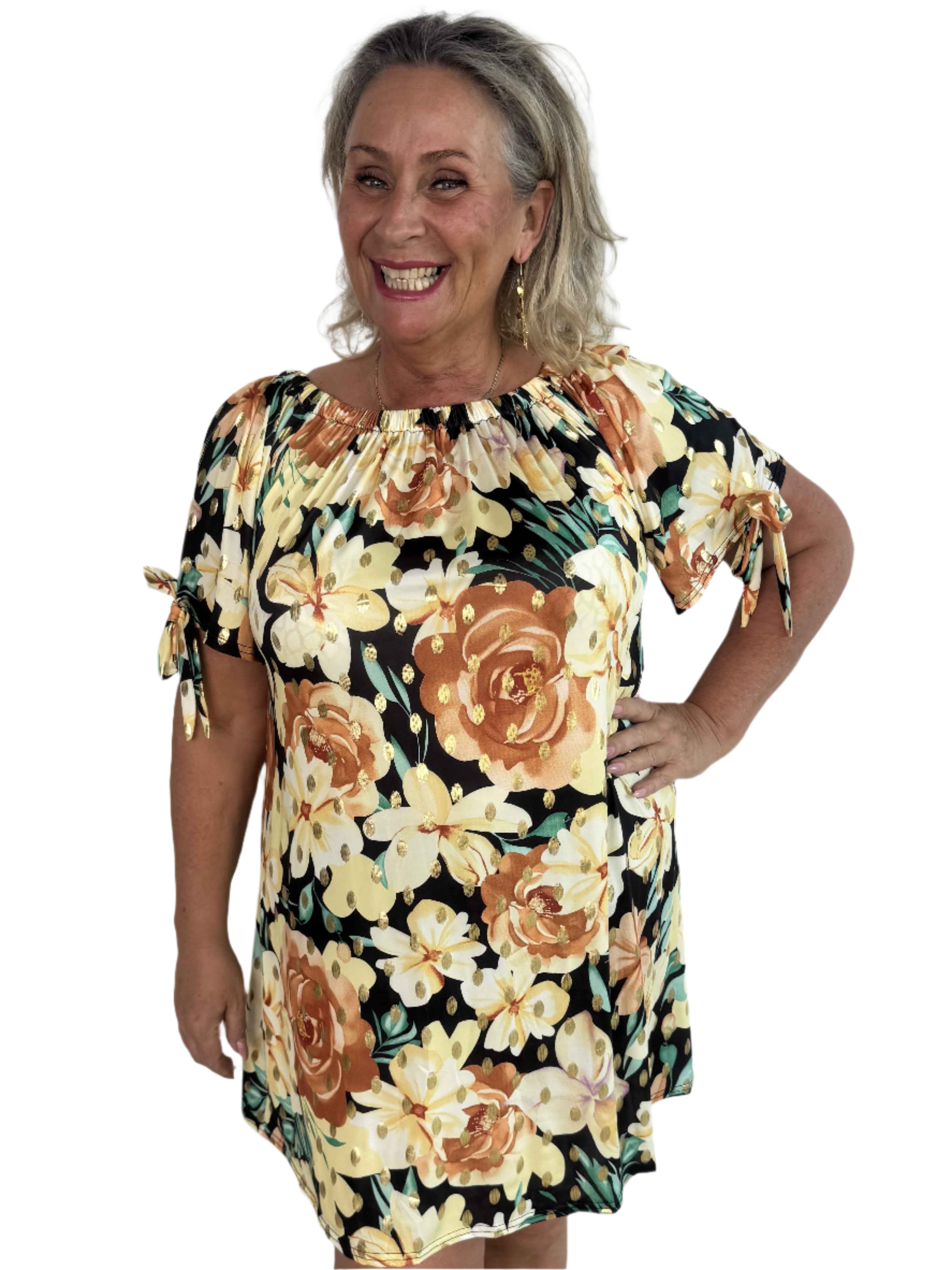 Maria - Plus Size Blomsterprint Midi med Smockudskæring