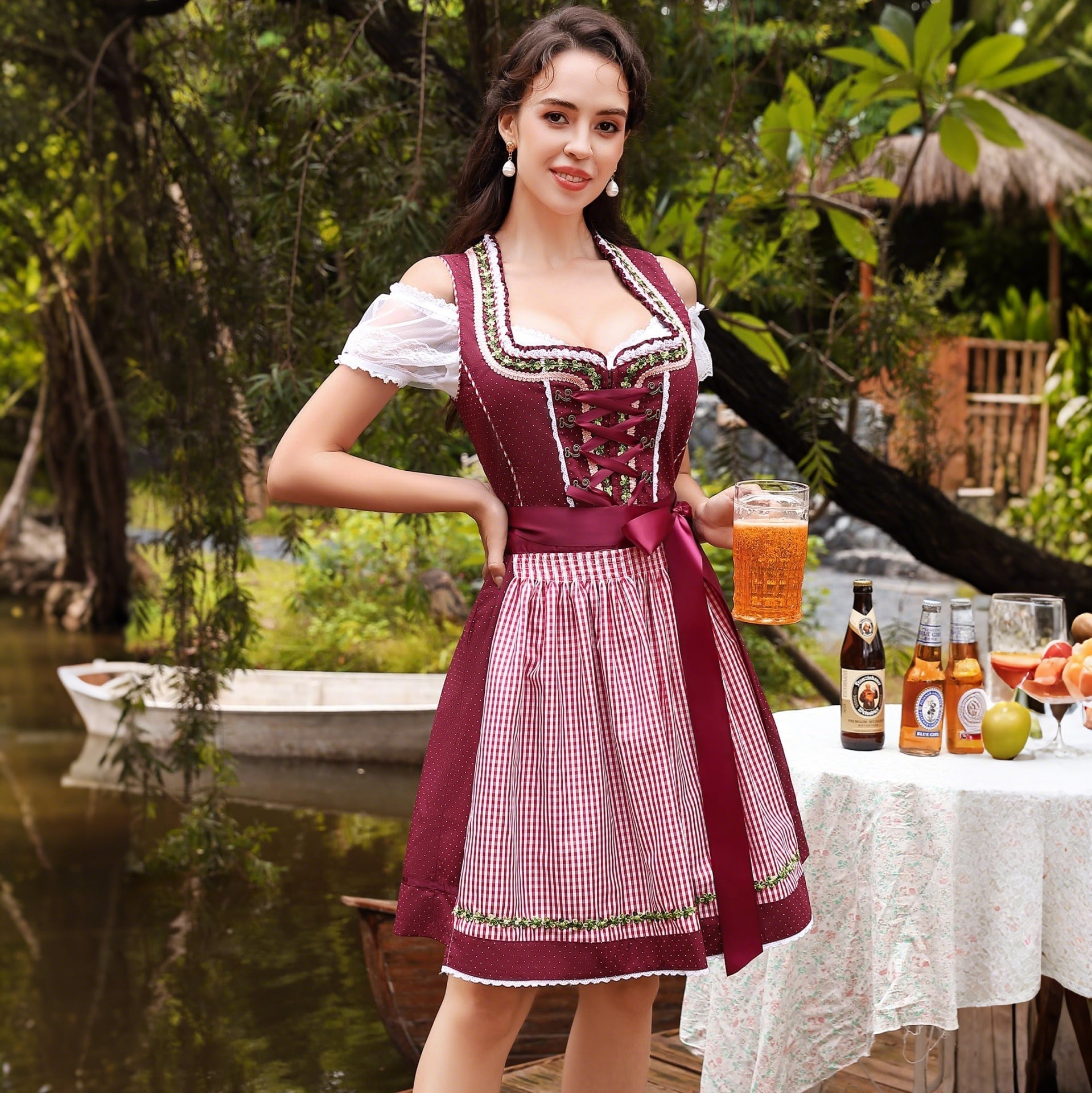 3-delt Dirndl sæt med forklæde og bluse – Oktoberfest | Traditionelt folkedragt til festlige lejligheder