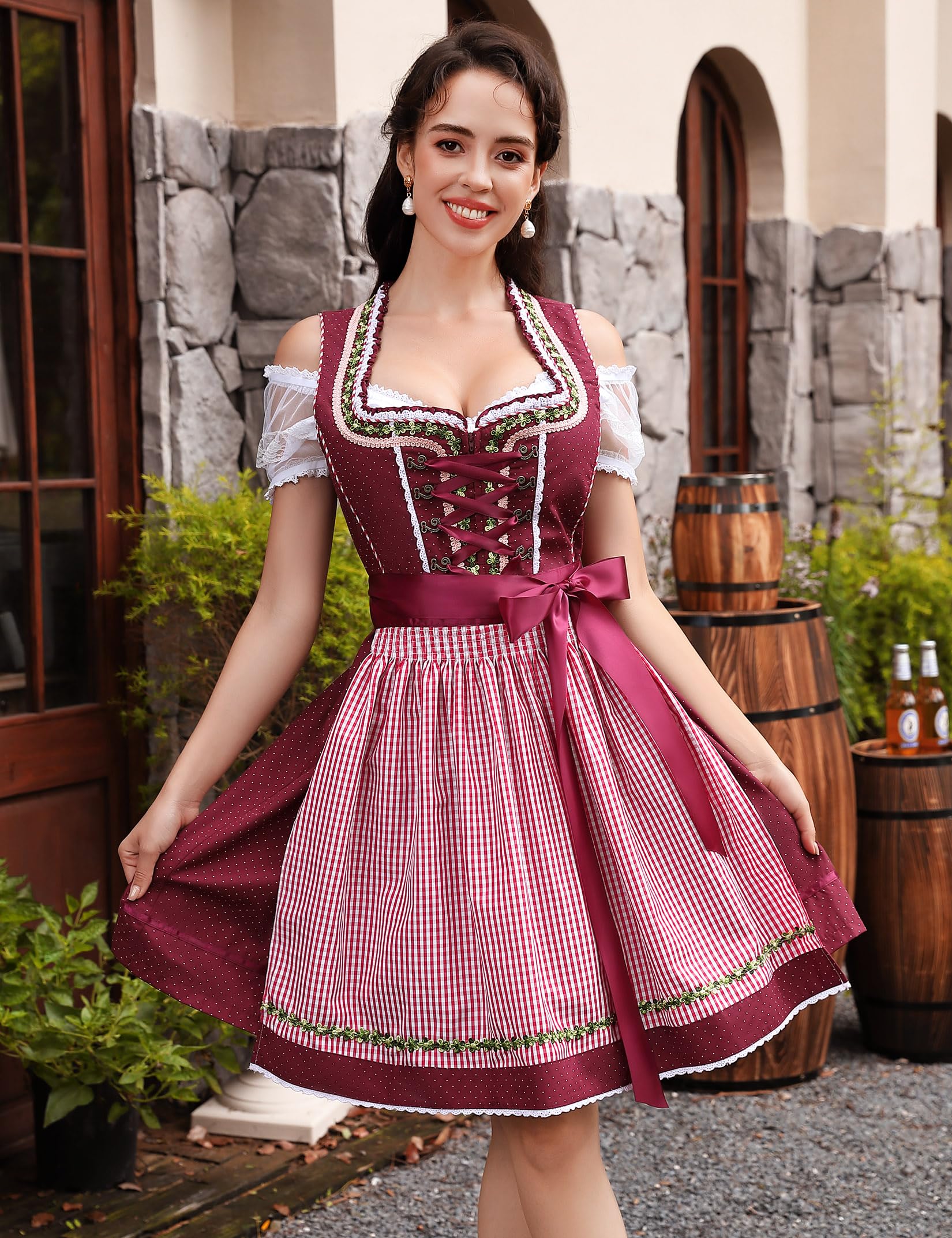 3-delt Dirndl sæt med forklæde og bluse – Oktoberfest | Traditionelt folkedragt til festlige lejligheder