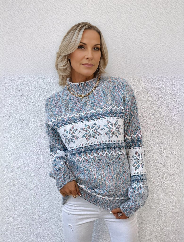 Mara Afslappet Rundhalset Sweater med Snefnug Mønster