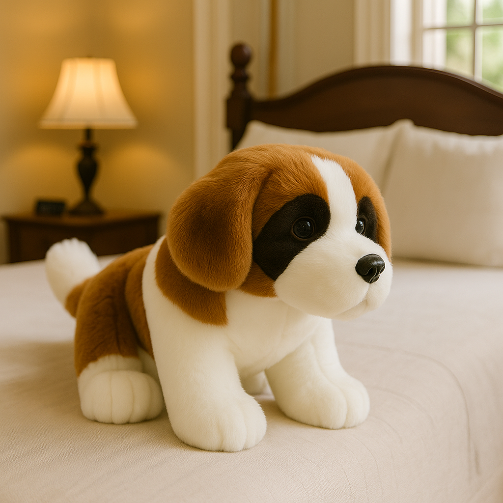 Plyshund – Brunt og hvidt hvalpelegetøj til børn og voksne