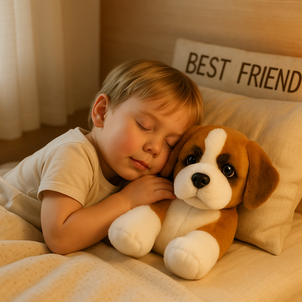 Plyshund – Brunt og hvidt hvalpelegetøj til børn og voksne