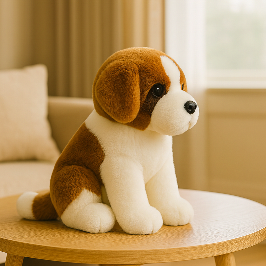 Plyshund – Brunt og hvidt hvalpelegetøj til børn og voksne