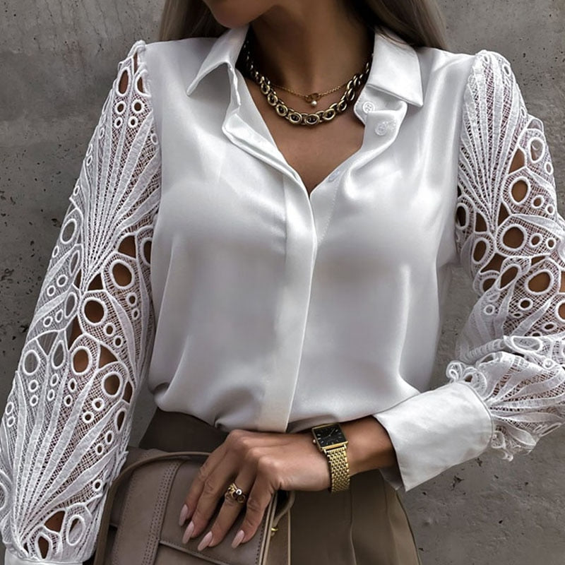 Olivia Elegant Langærmet Netbluse med Knapper