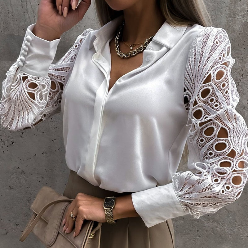 Olivia Elegant Langærmet Netbluse med Knapper