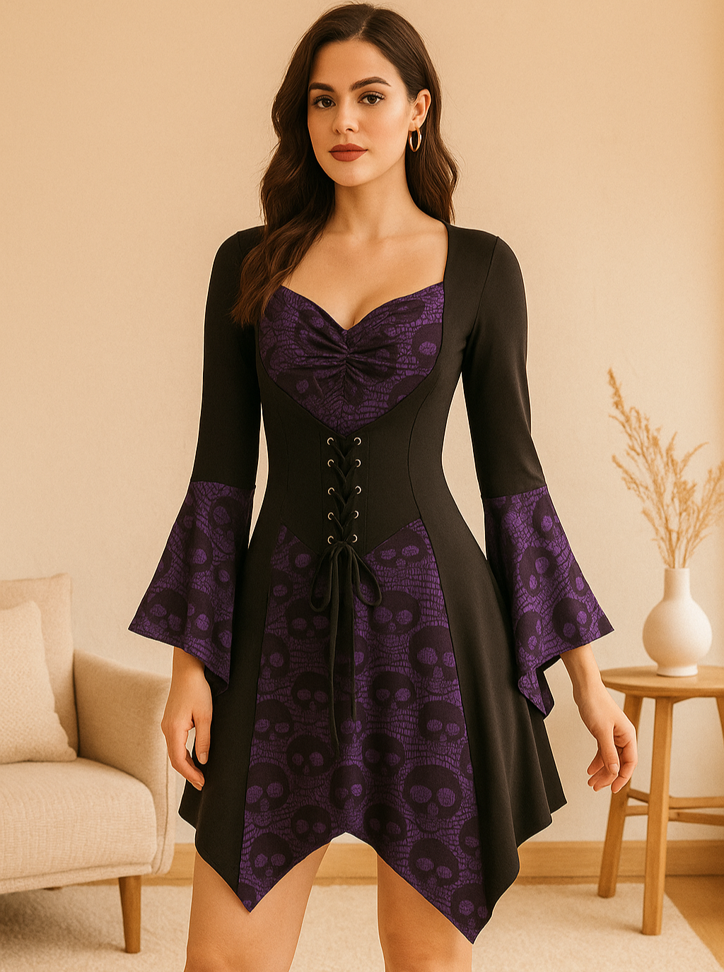SkullLace Gothic Bluse – Damenbluse med Dødningehoved-Print & Taljesnøring