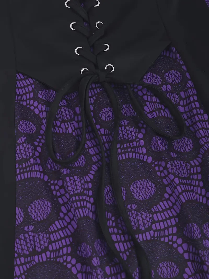 SkullLace Gothic Bluse – Damenbluse med Dødningehoved-Print & Taljesnøring