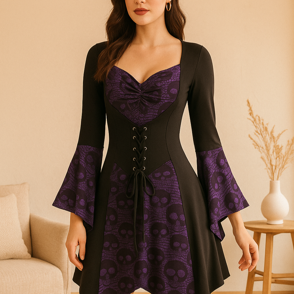 SkullLace Gothic Bluse – Damenbluse med Dødningehoved-Print & Taljesnøring