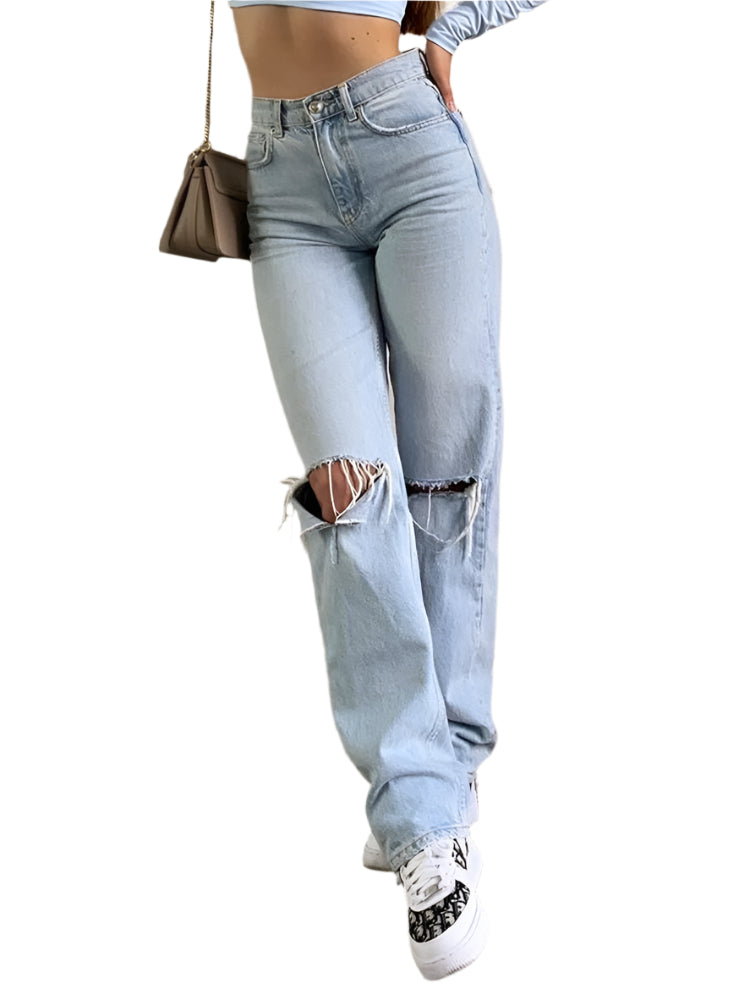 Anne - Afslappede Straight-Leg Jeans i Lys Vask med Slidte Detaljer