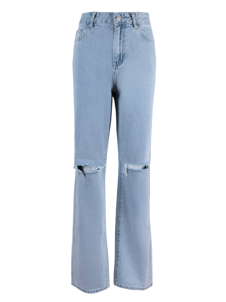 Anne - Afslappede Straight-Leg Jeans i Lys Vask med Slidte Detaljer
