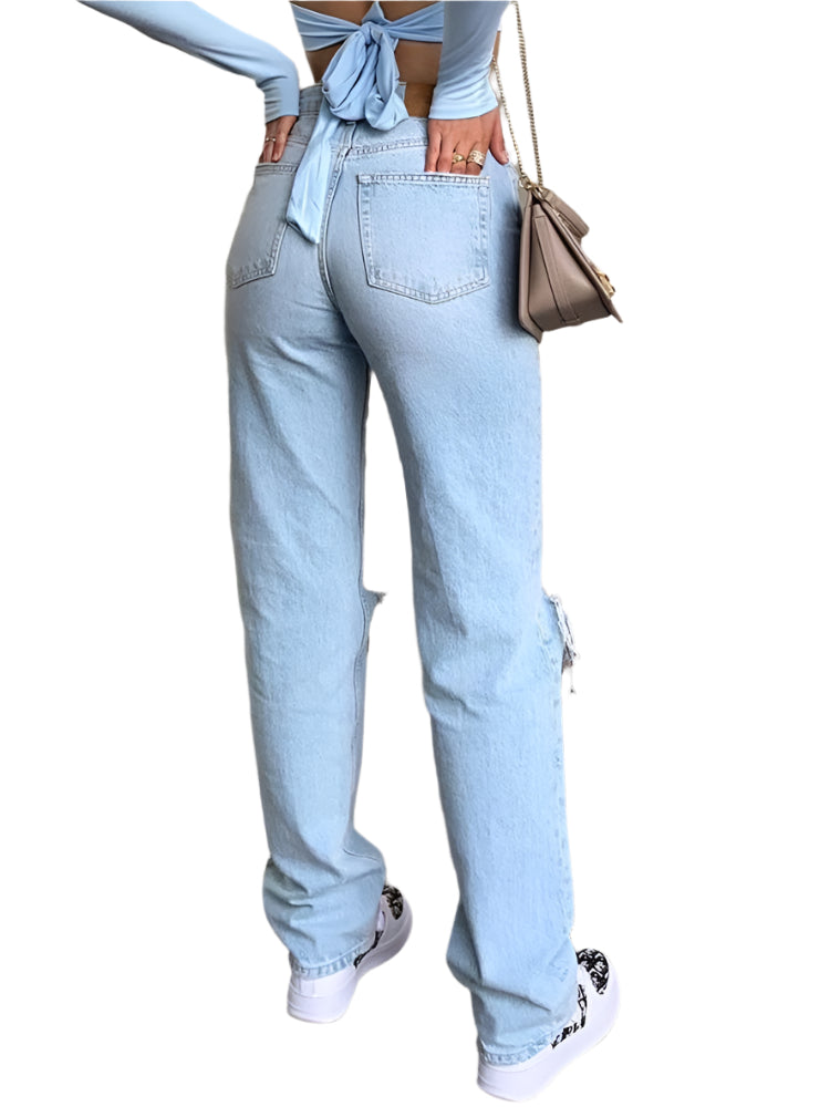Anne - Afslappede Straight-Leg Jeans i Lys Vask med Slidte Detaljer