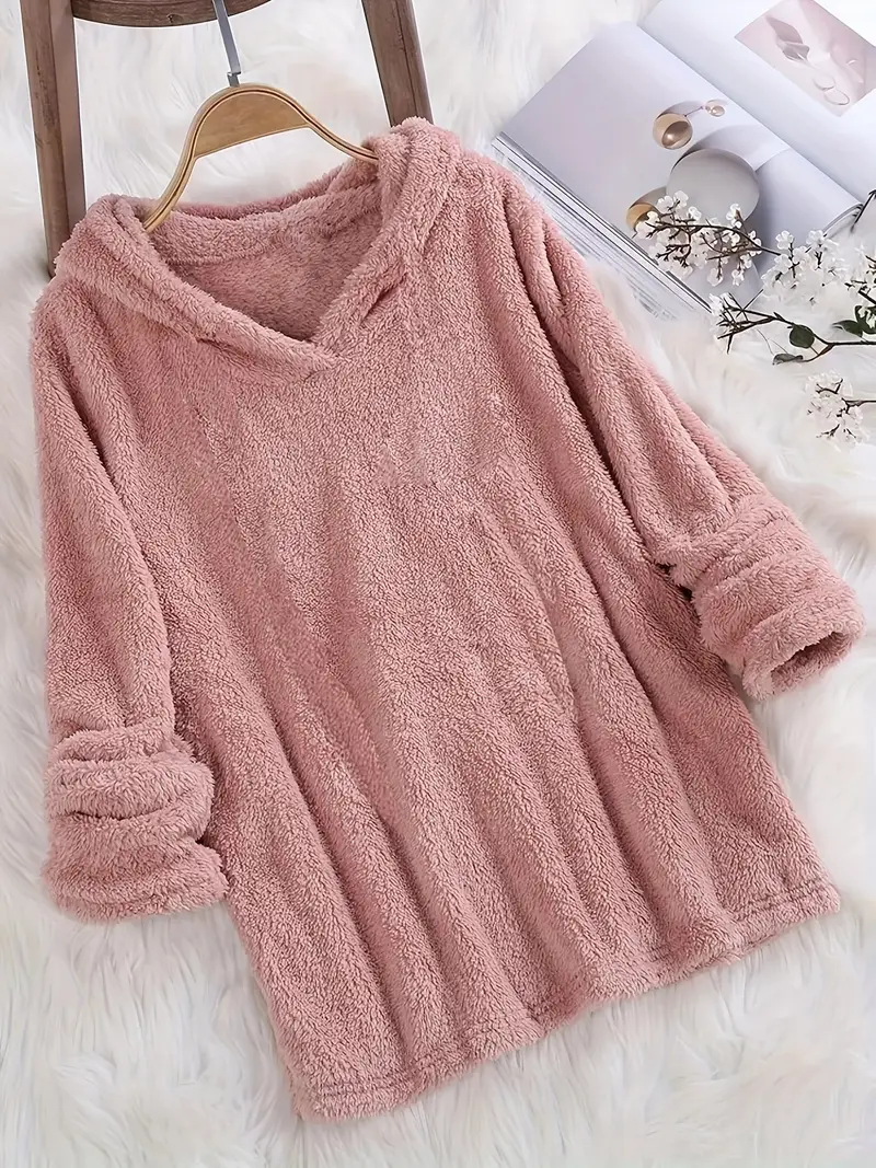 Fleece-Hættetrøje – Ensfarvet damesweatshirt med lange ærmer