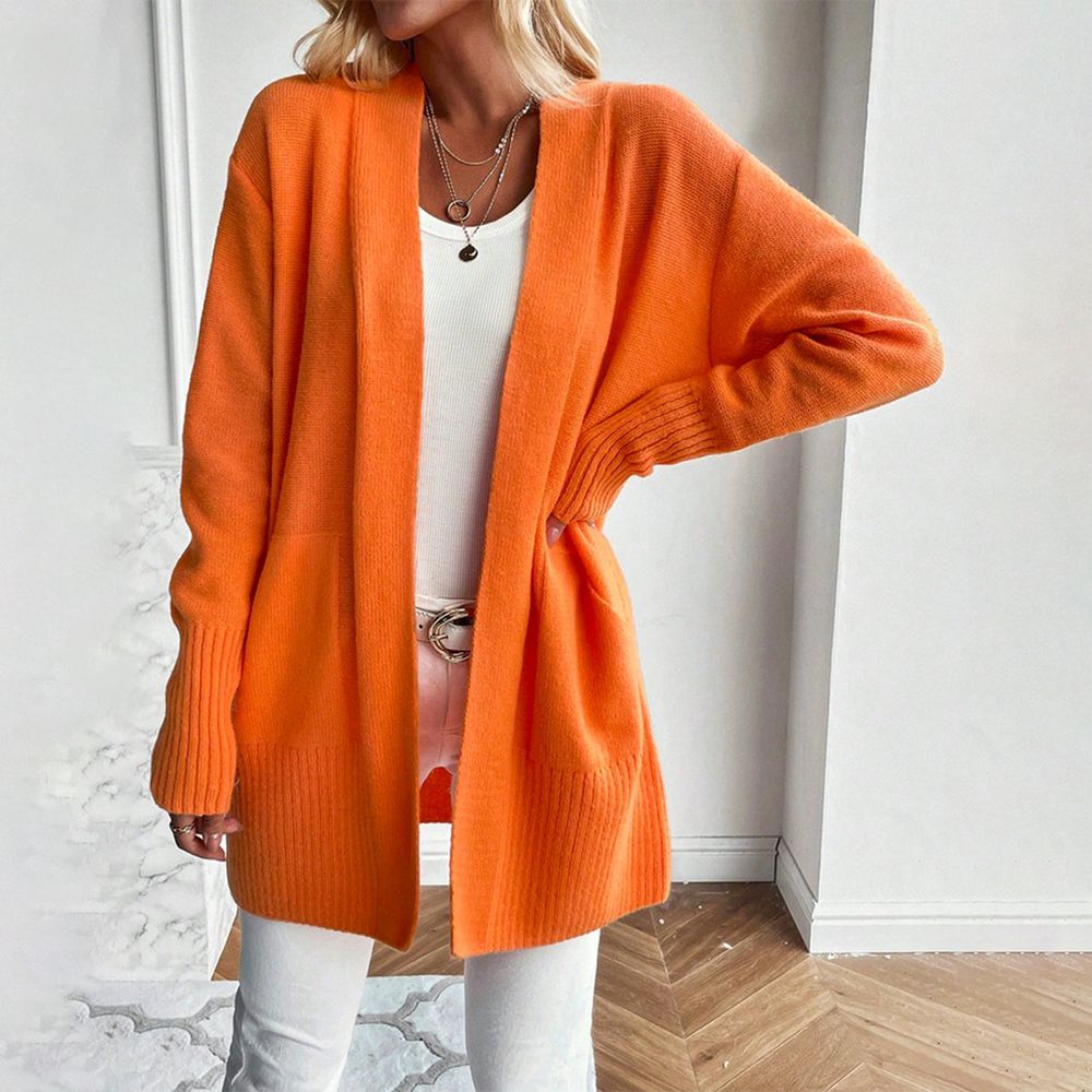 WinterTrend® - Orange ensfarvet cardigan med lange ærmer