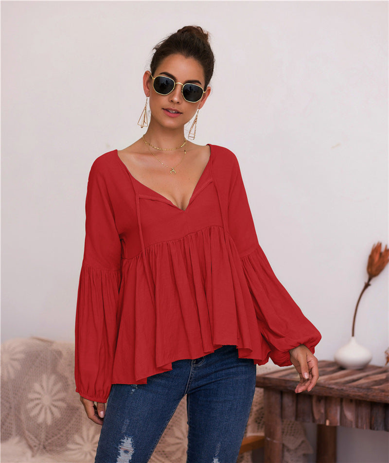 Naomi Puff Sleeve V-Hals Bluse