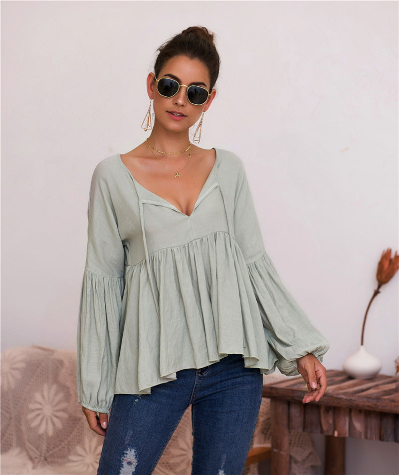 Naomi Puff Sleeve V-Hals Bluse