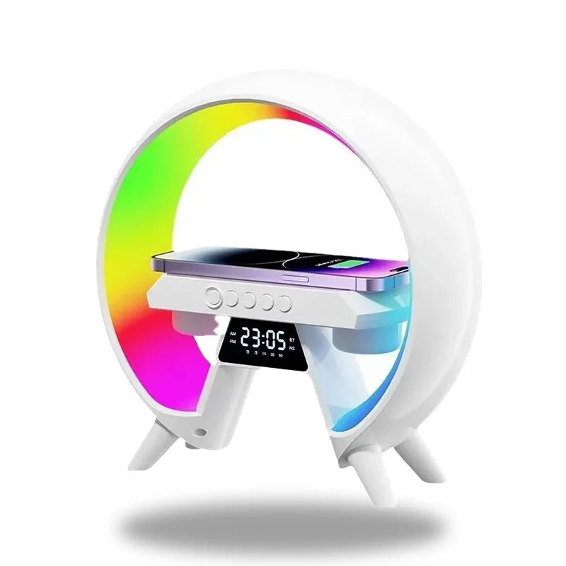 LumiNova Futuristisk LED-lampe – Trådløs Opladning & Digitalt Ur