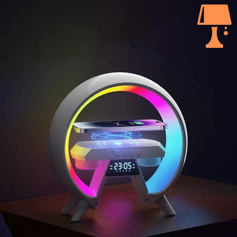 LumiNova Futuristisk LED-lampe – Trådløs Opladning & Digitalt Ur