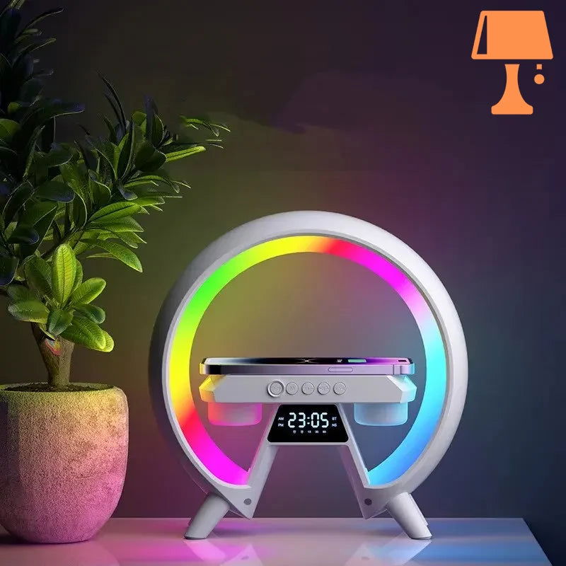 LumiNova Futuristisk LED-lampe – Trådløs Opladning & Digitalt Ur