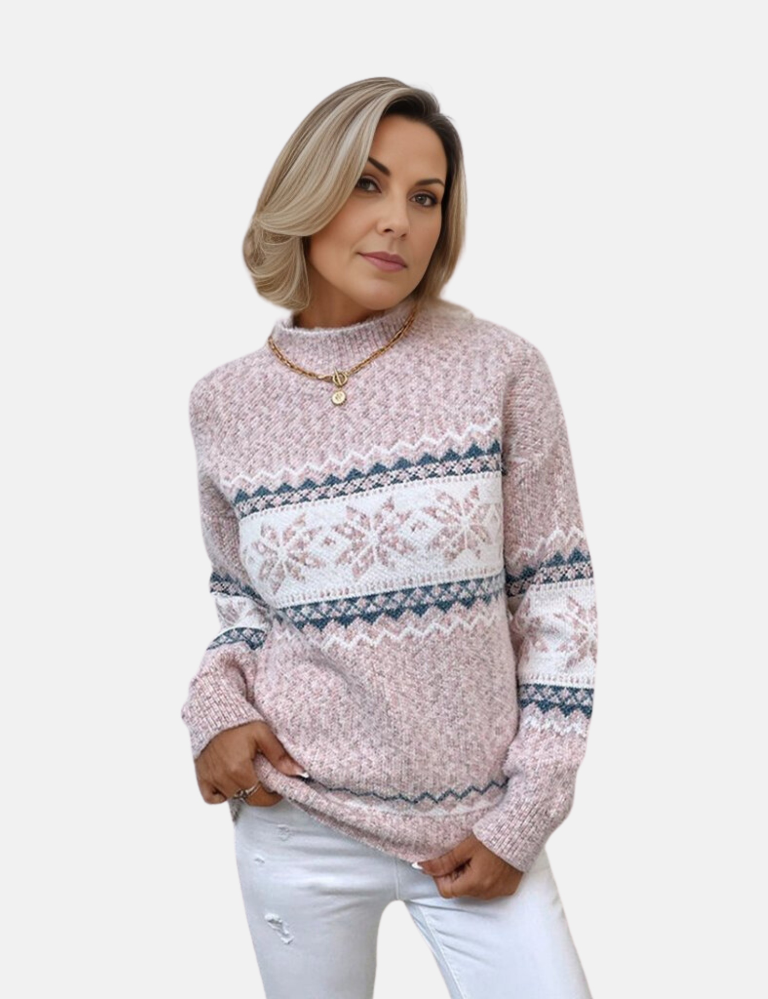 Mara Afslappet Rundhalset Sweater med Snefnug Mønster