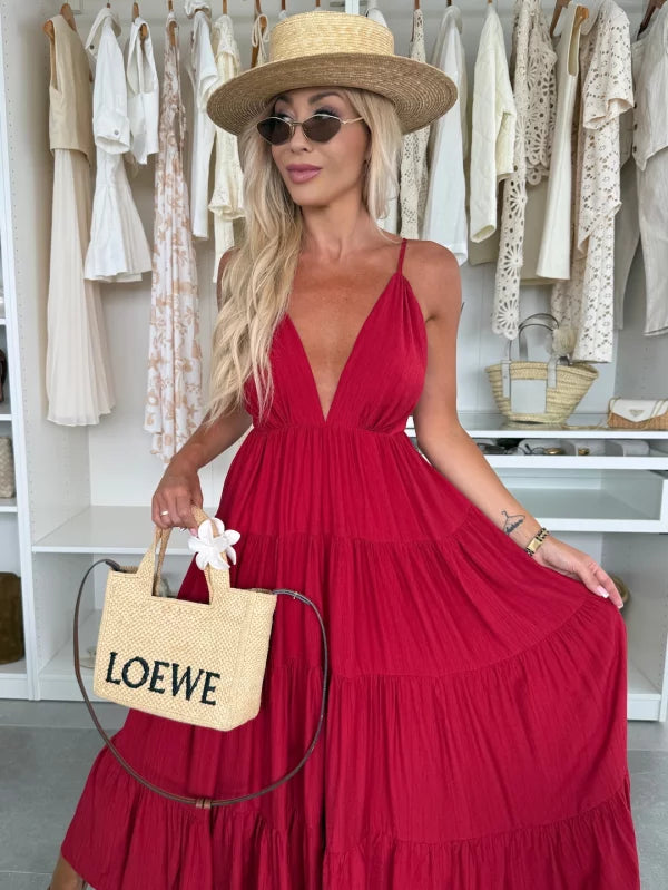 Beatrice - Boheme-Inspireret Lagdelt Maxikjole med V-Hals